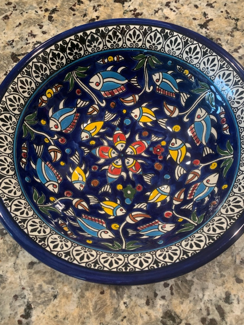 Hand-Painted Blue Ceramic Bowl with Colorful Fish Design